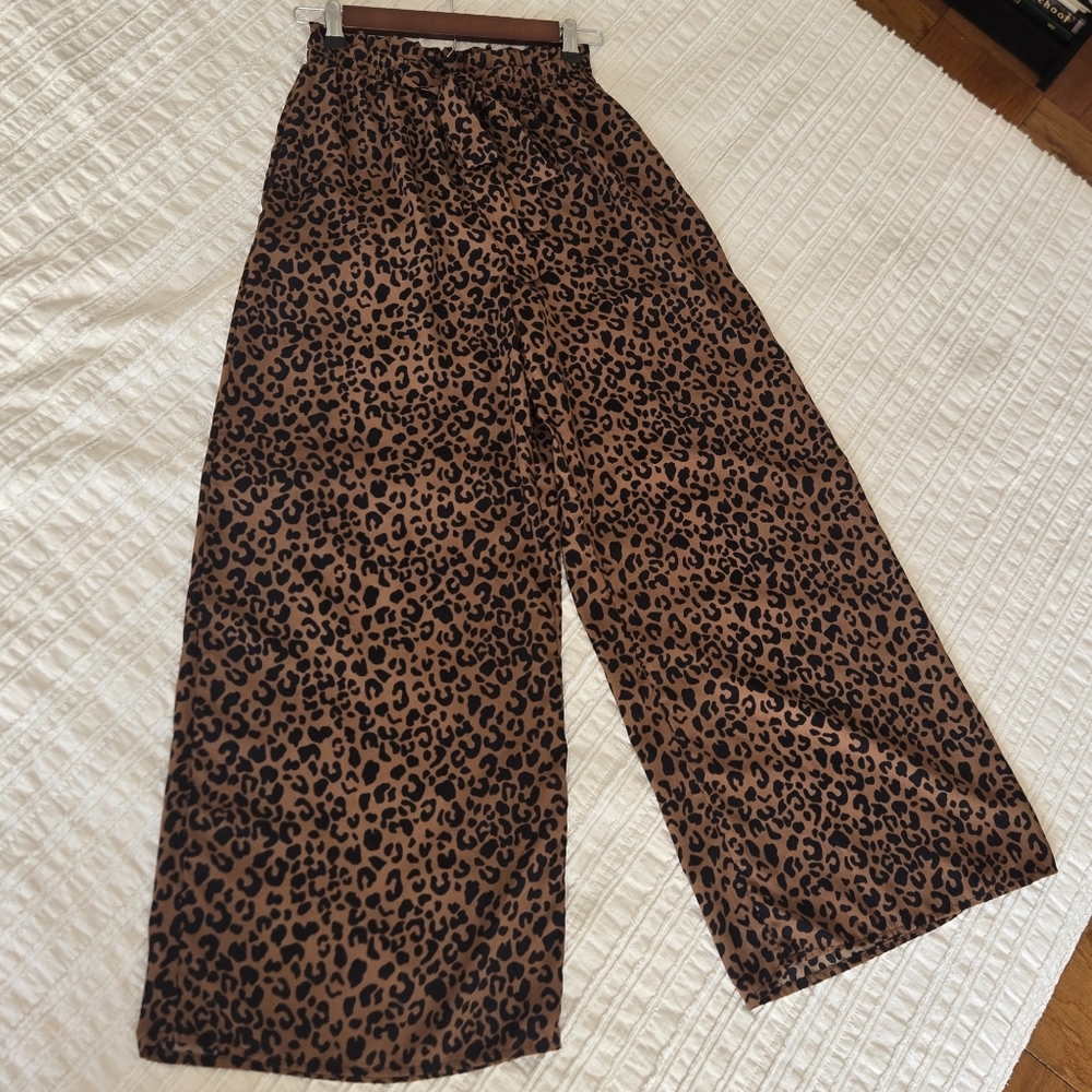 Cheetah Print Wide Leg Palazzo Pants Tie Waist Pockets Size Small - Picture 5 of 14